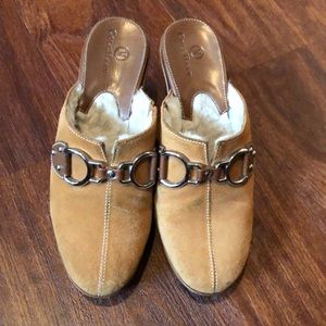 Cole Haan suede & leather brown/tan 3” mules size 6.5